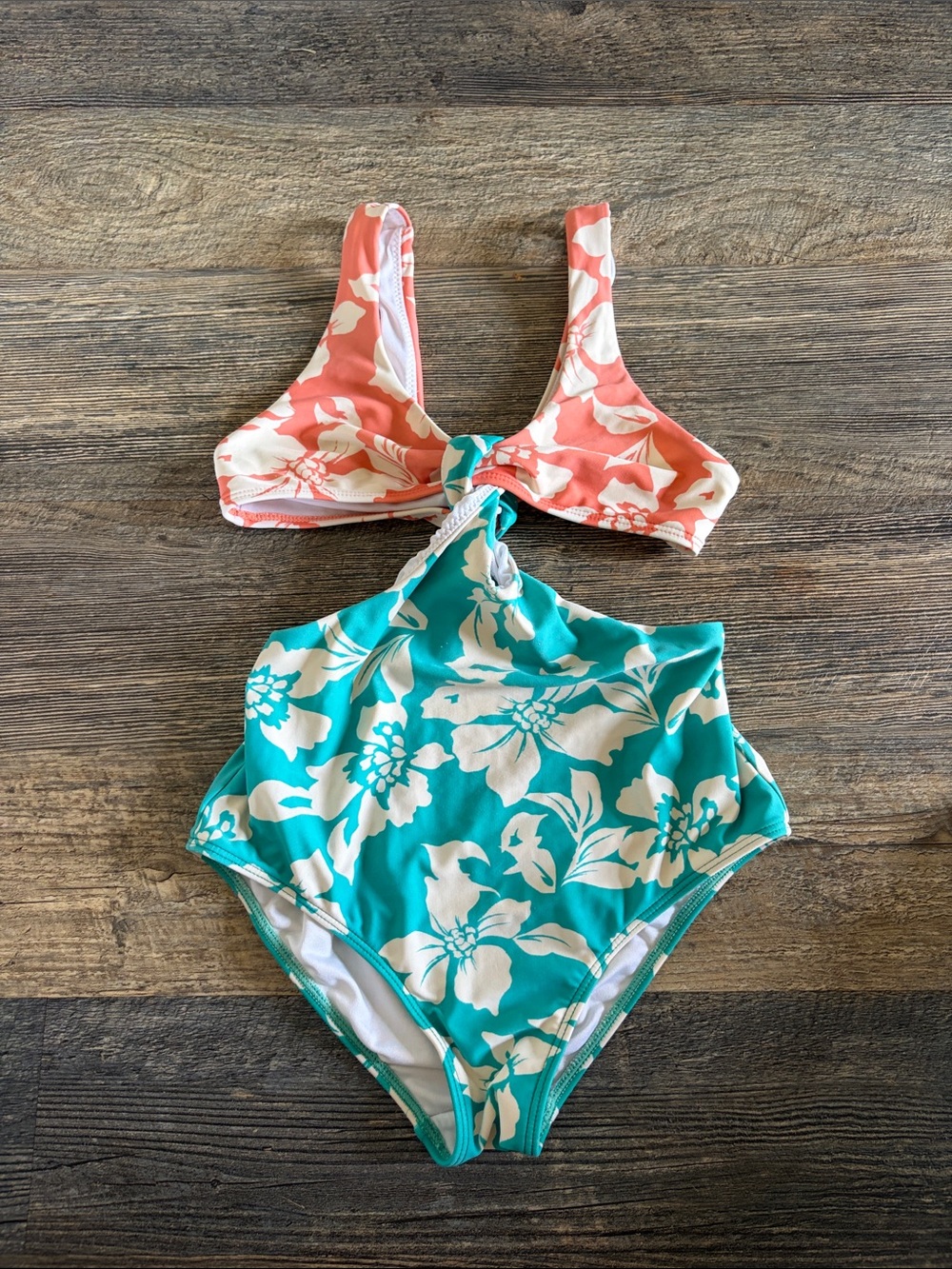 O'Neill Coral & Teal Floral Girls One-Piece Swimsuit